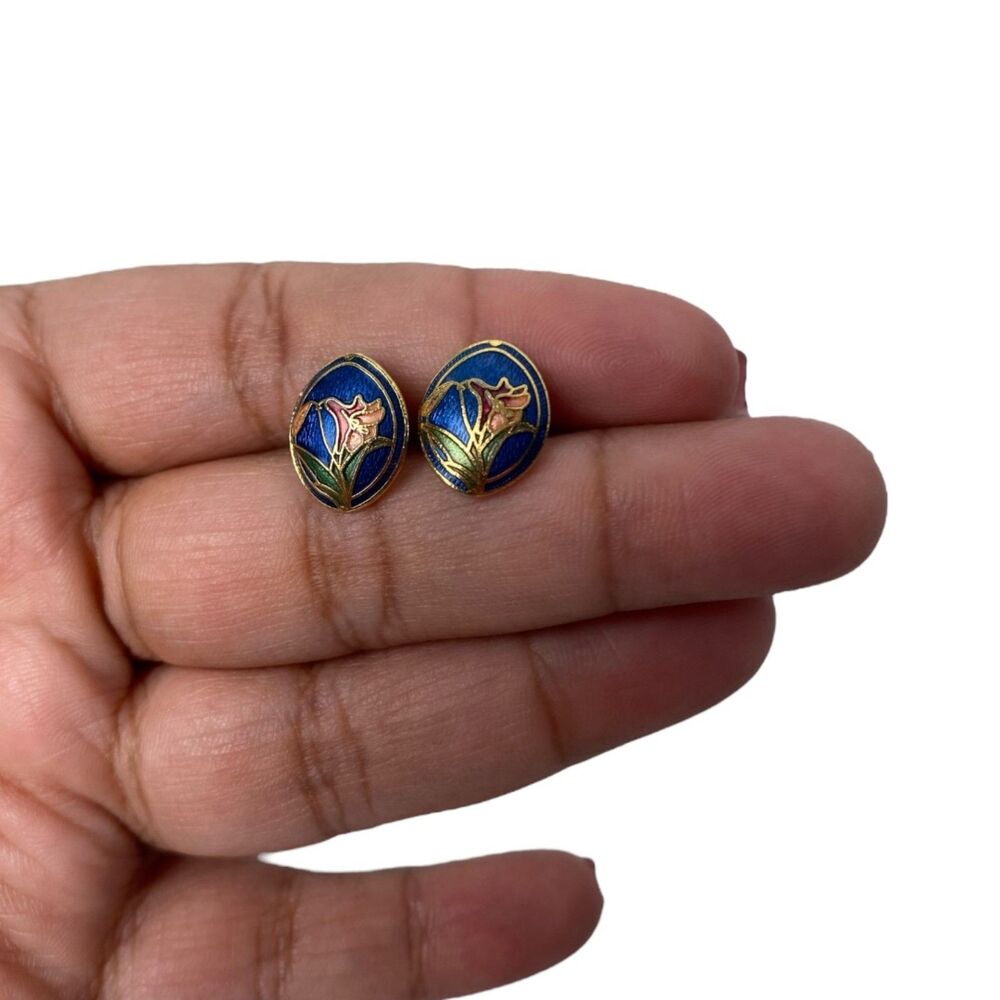 Vintage Cloisonné Floral Earrings -‎ Gold Plated (A14Q)
